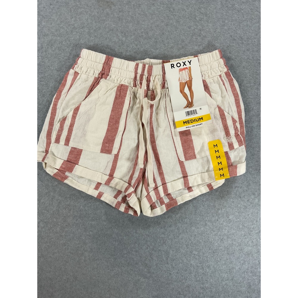 Roxy Womens Medium Red White Striped Linen Blend Pull On Shorts NWT 2889